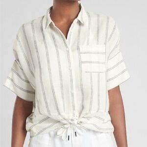 Athleta Linen Blend Shirt White Striped Button-Up Oversize Ladies XL Tunic